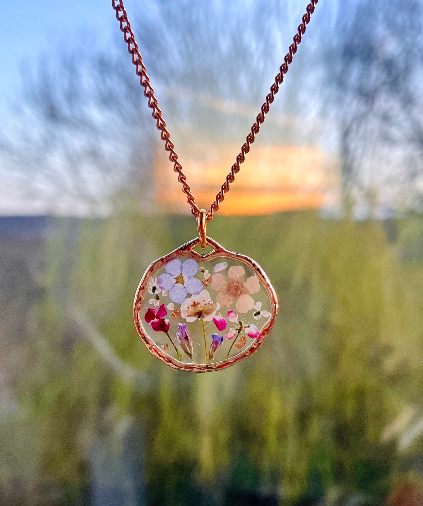 Pressed Tiny terrarium, garden real flower, dainty circle 17.5mm gold plated pendant necklace on 14k gold fill chain, personalised