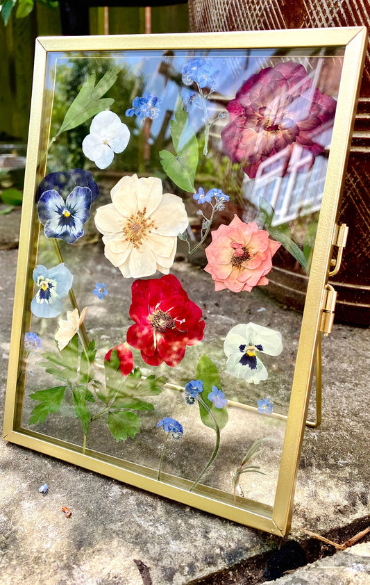 Real pressed dried flower botanical glass standing frame, rustic cottage,  farmhouse decor, herbarium wall art, valentines gift - rare find