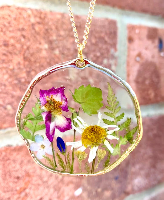 Chamomile and rose flower botanical terrarium pendant necklace on a 20in gold plated or 14k gold filled chain. Organic, large circle.