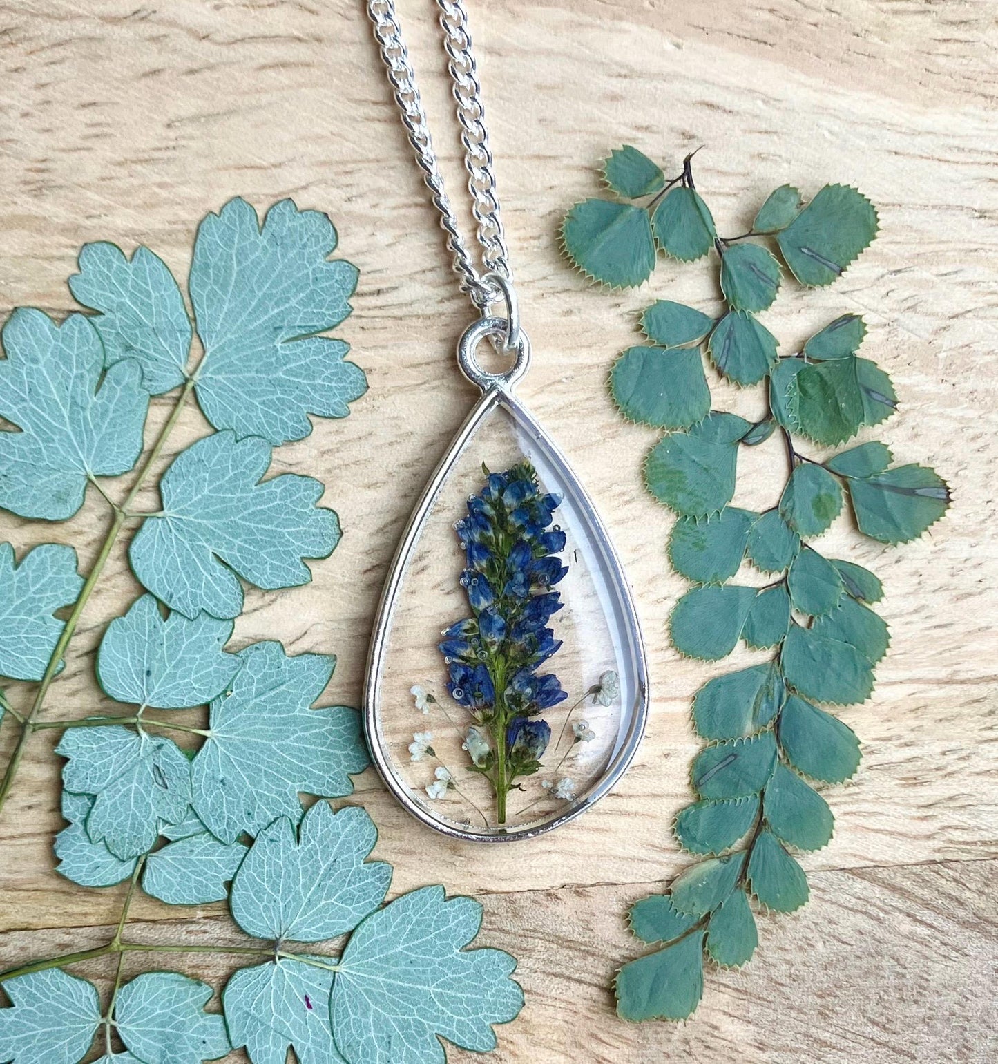 Personalised Yorkshire lavender and queens Anne’s lace terrarium teardrop necklace on silver chain. Peace jewellery, memories necklace.