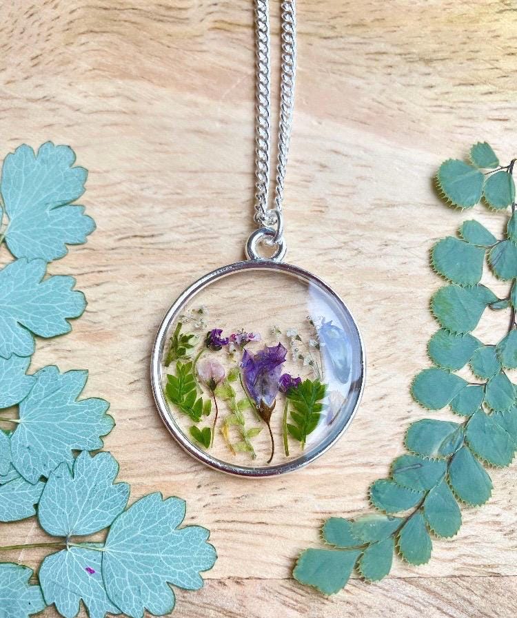 Personalised Real flower botanical terrarium flower pendant with lilacs, alyssum, tiny garden necklace on 925 stamped silver plated chain.