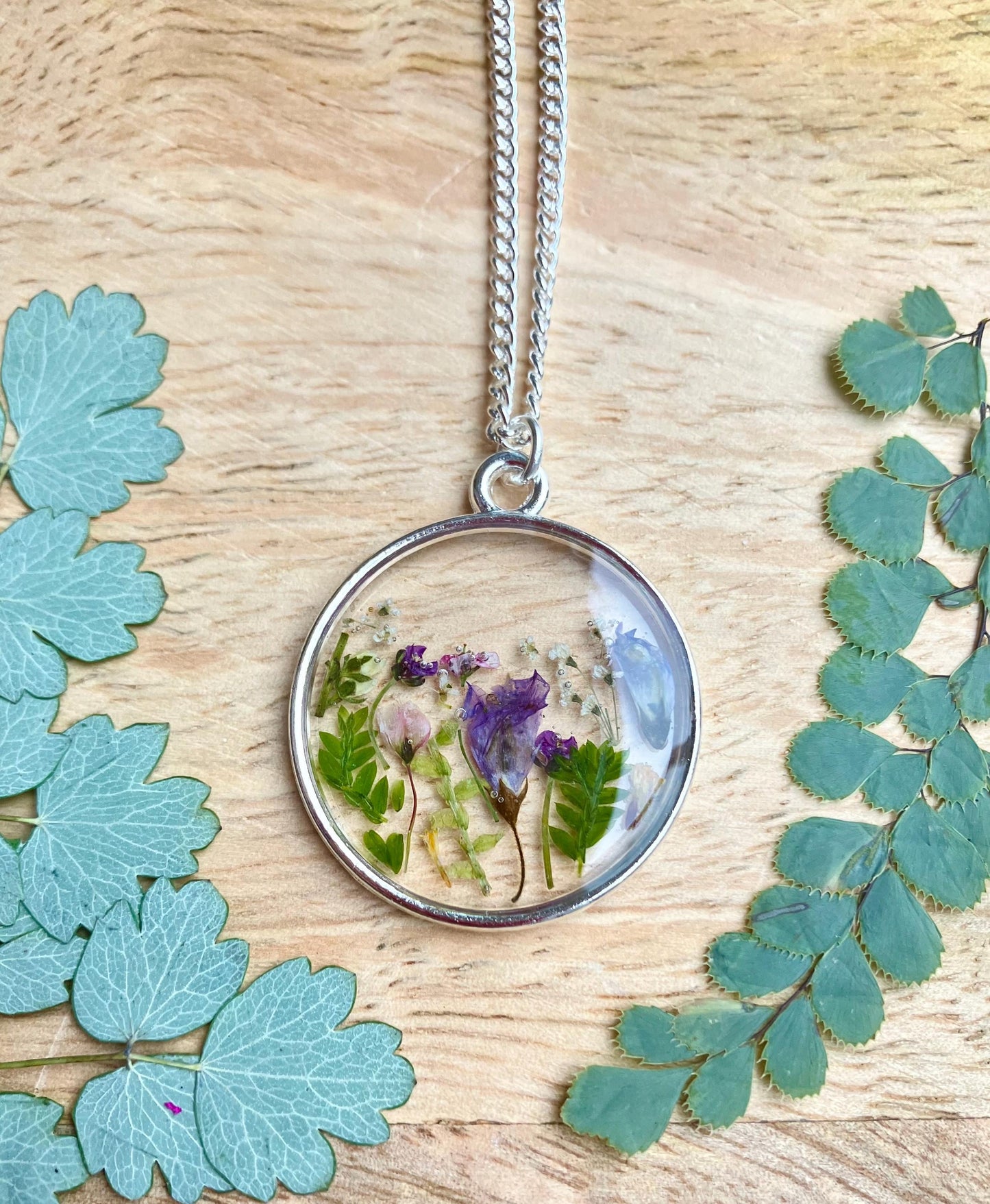 Personalised Real flower botanical terrarium flower pendant with lilacs, alyssum, tiny garden necklace on 925 stamped silver plated chain.