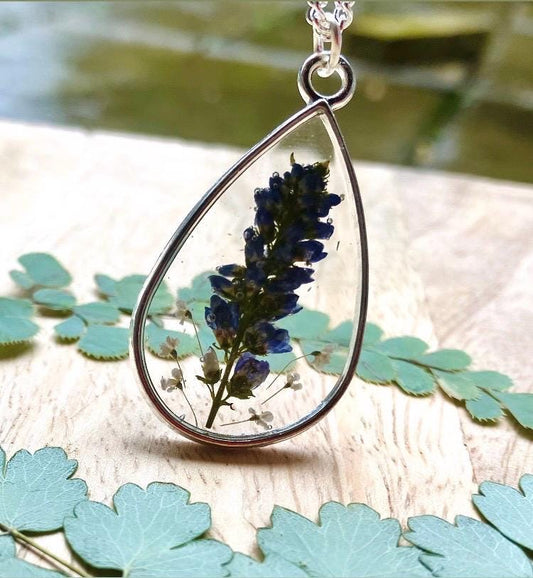 Personalised Yorkshire lavender and queens Anne’s lace terrarium teardrop necklace on silver chain. Peace jewellery, memories necklace.