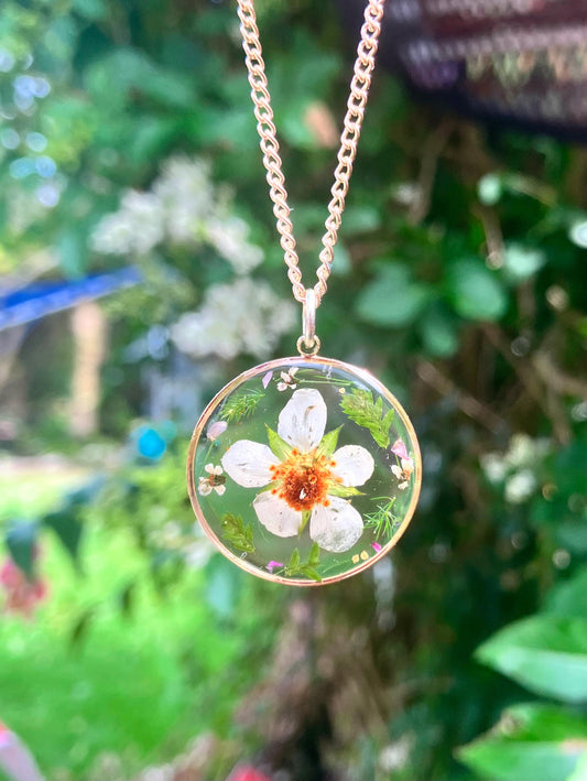 Real pressed strawberry flower necklace with dainty green fern leaves and queens Anne’s lace  on gold plated or 14k gold filled. Personalise