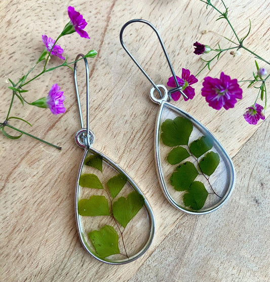 Silver teardrop real delta maidenhair Fern, real leaf earrings, minamilist earrings, eco friendly gift idea, plant lover, flower jewellery.