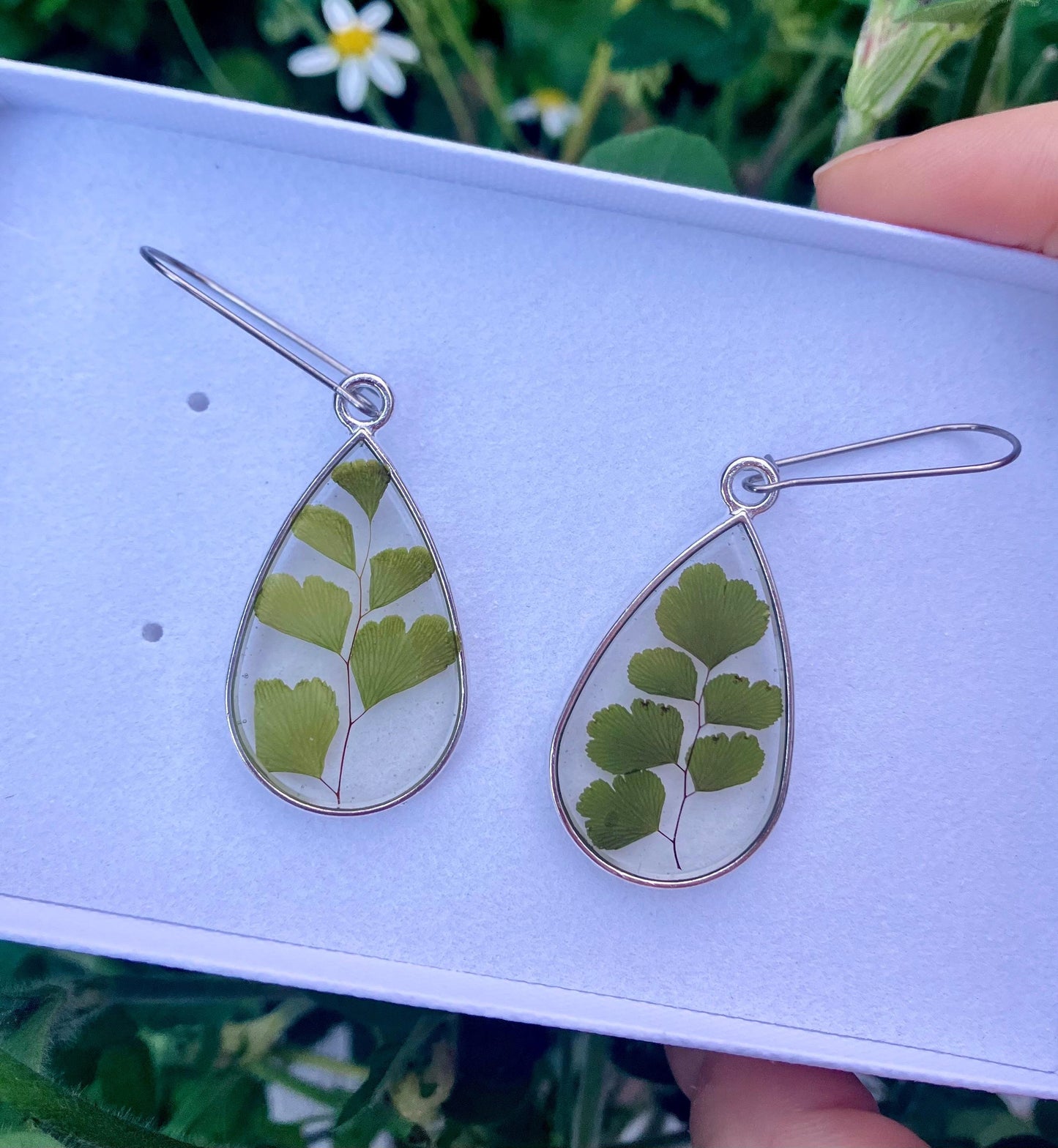 Silver teardrop real delta maidenhair Fern, real leaf earrings, minamilist earrings, eco friendly gift idea, plant lover, flower jewellery.