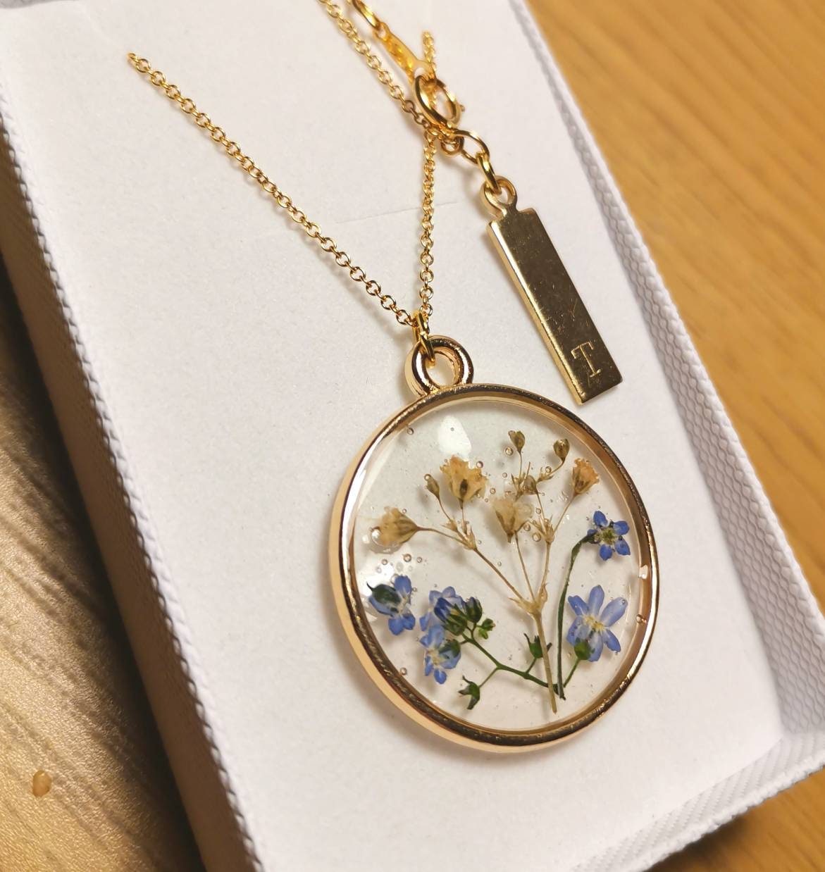 Personalised Christmas gift - Real flower necklace - Forget me nots and gypsophila on gold plated or 14k gold filled.