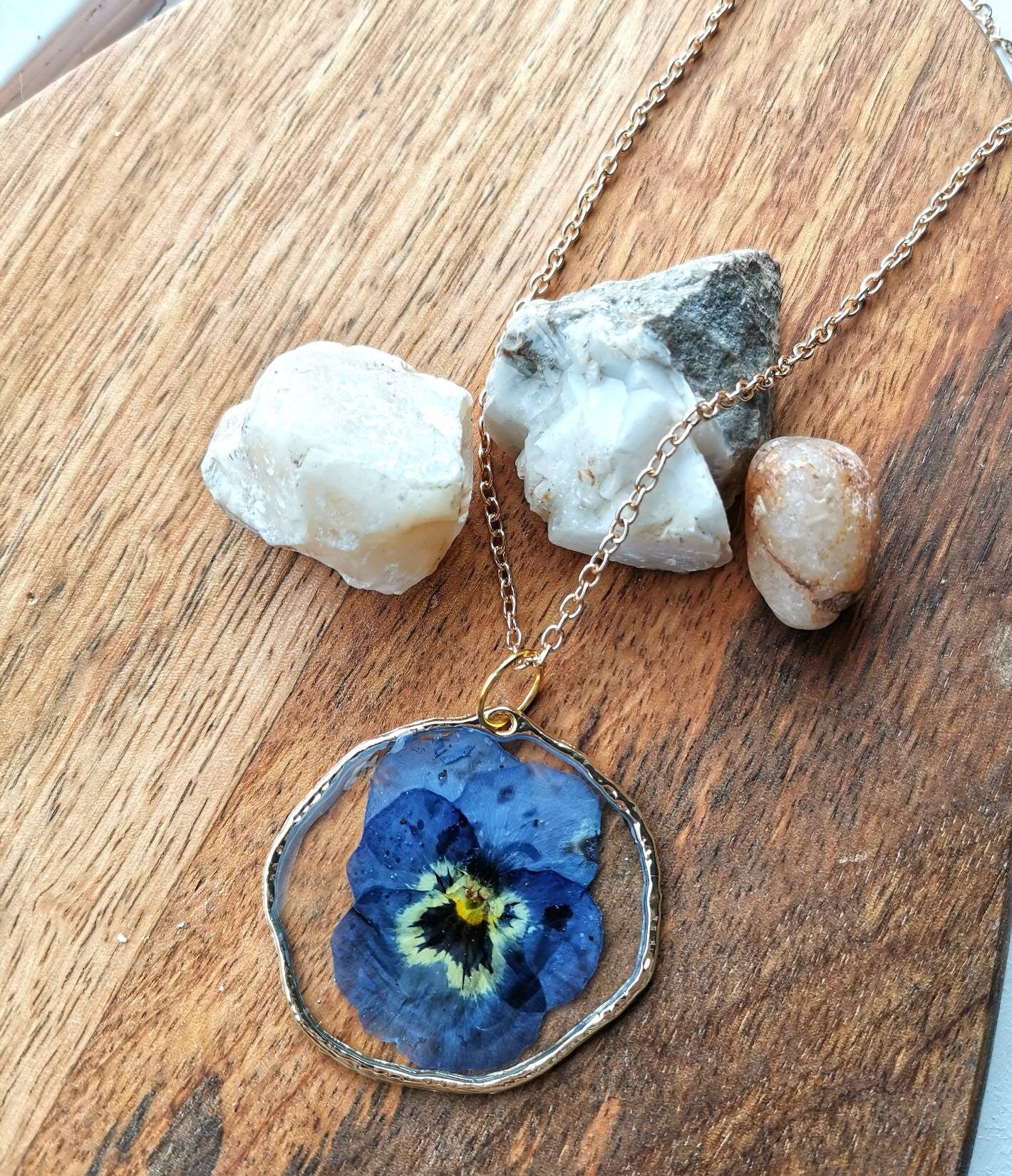 Real viola flower botanical terrarium pendant necklace on a 20in gold plated or 14k gold filled chain. Organic circle, large pansy
