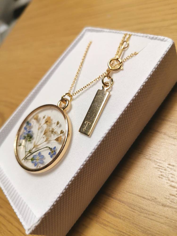 Personalised Christmas gift - Real flower necklace - Forget me nots and gypsophila on gold plated or 14k gold filled.