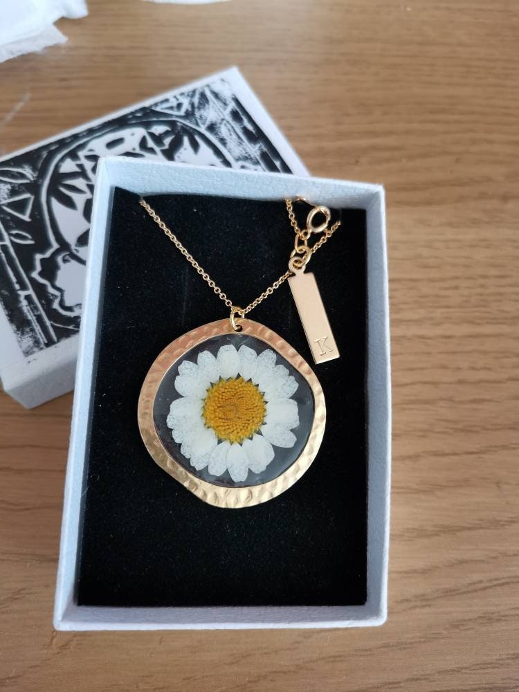 Personalised Real Yorkshire flower daisy necklace on gold plated or 14k gold filled chain. For memories, birthday, beaten brass circle