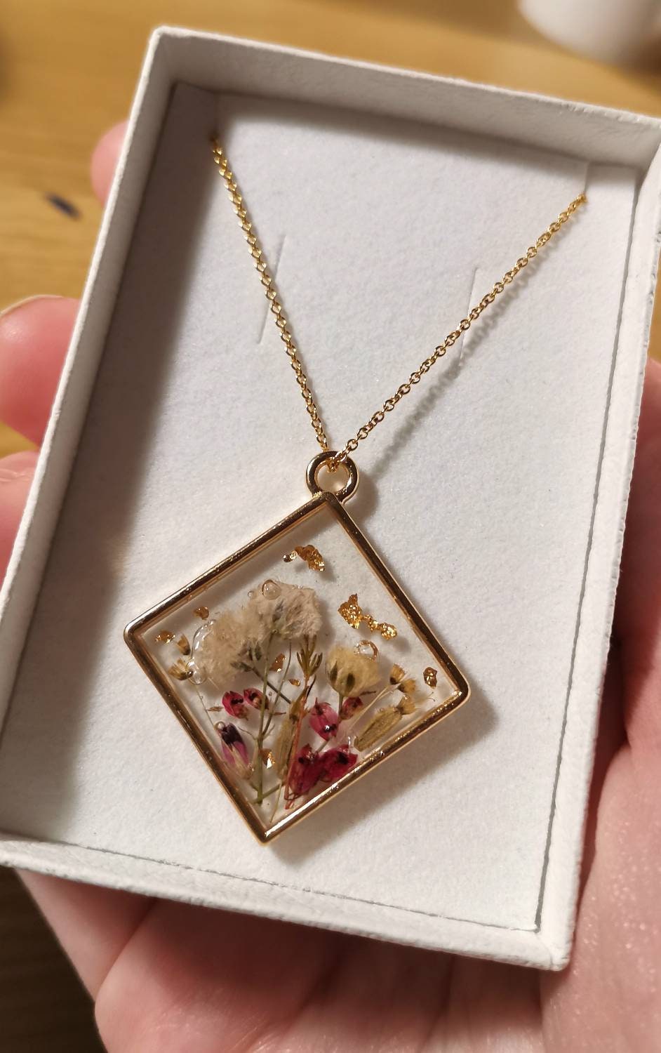 Real gypsophila & Heather real flower botanical terrarium pendant necklace on gold plated or 14k gold filled chain , personalised.