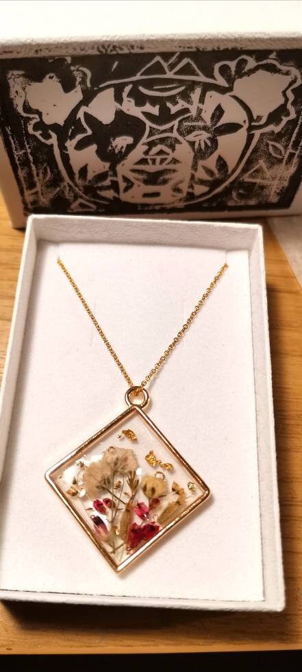 Real gypsophila & Heather real flower botanical terrarium pendant necklace on gold plated or 14k gold filled chain , personalised.