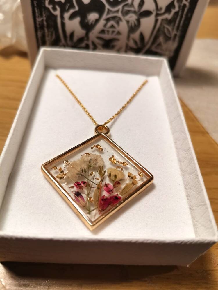 Real gypsophila & Heather real flower botanical terrarium pendant necklace on gold plated or 14k gold filled chain , personalised.