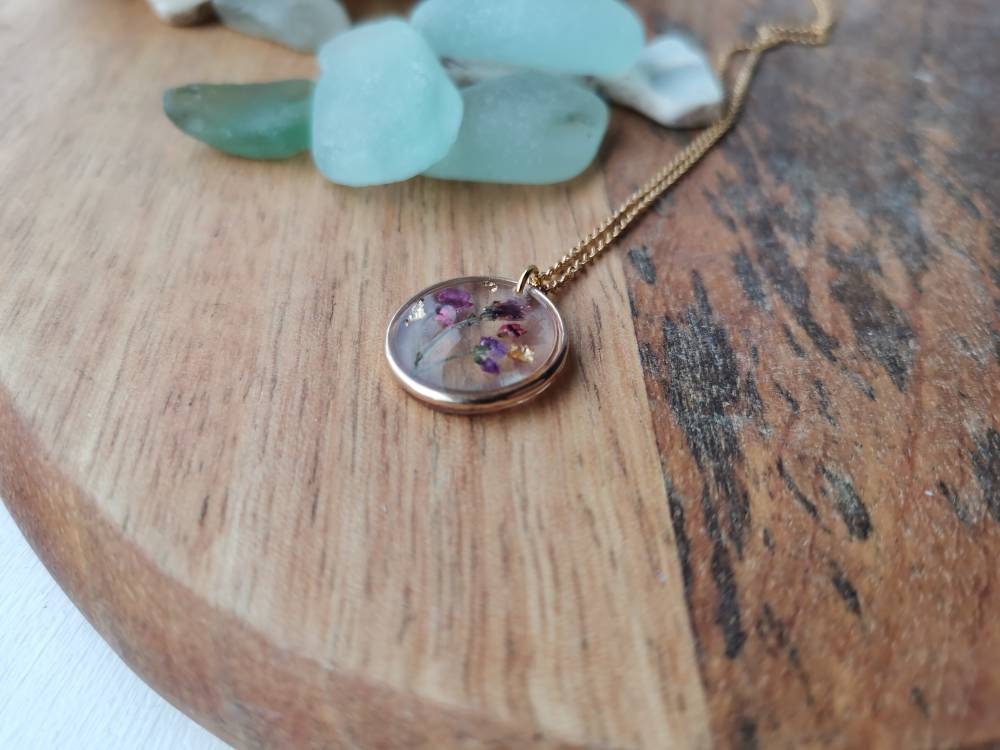 Alyssum, Heather and gold leaf flower minimalist circle 16mm gold plated pendant necklace on 14k gold fill chain, handmade