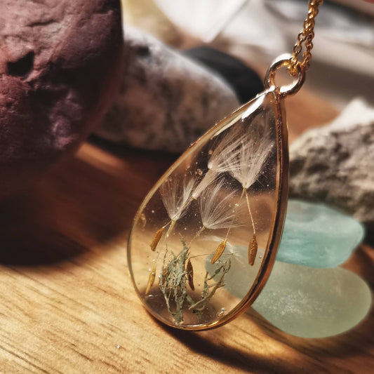Real dandelion seed terrarium pendant necklace on gold plated or 14k gold filled chain. Make a wish necklace, goodluck necklace, mothers day