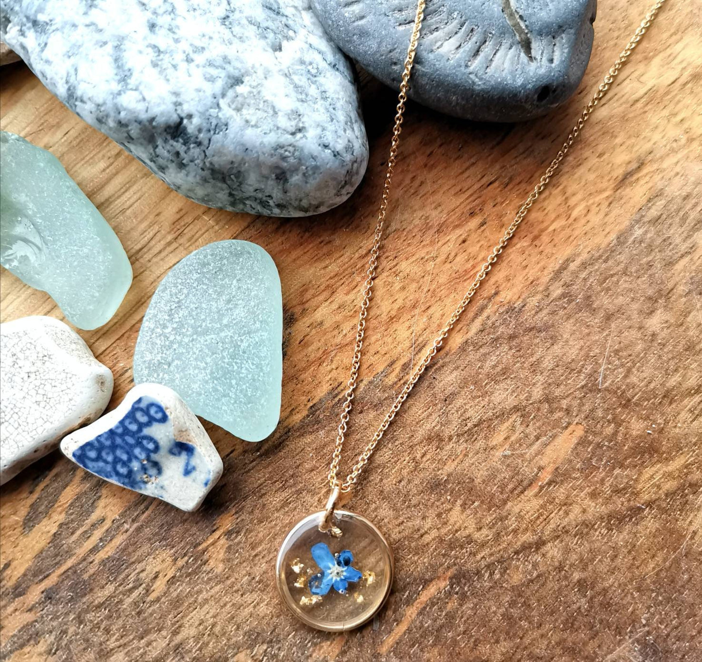 Real forget me not and gold leaf flower minimalist circle 16mm gold plated pendant necklace on 14k gold fill chain, handmade