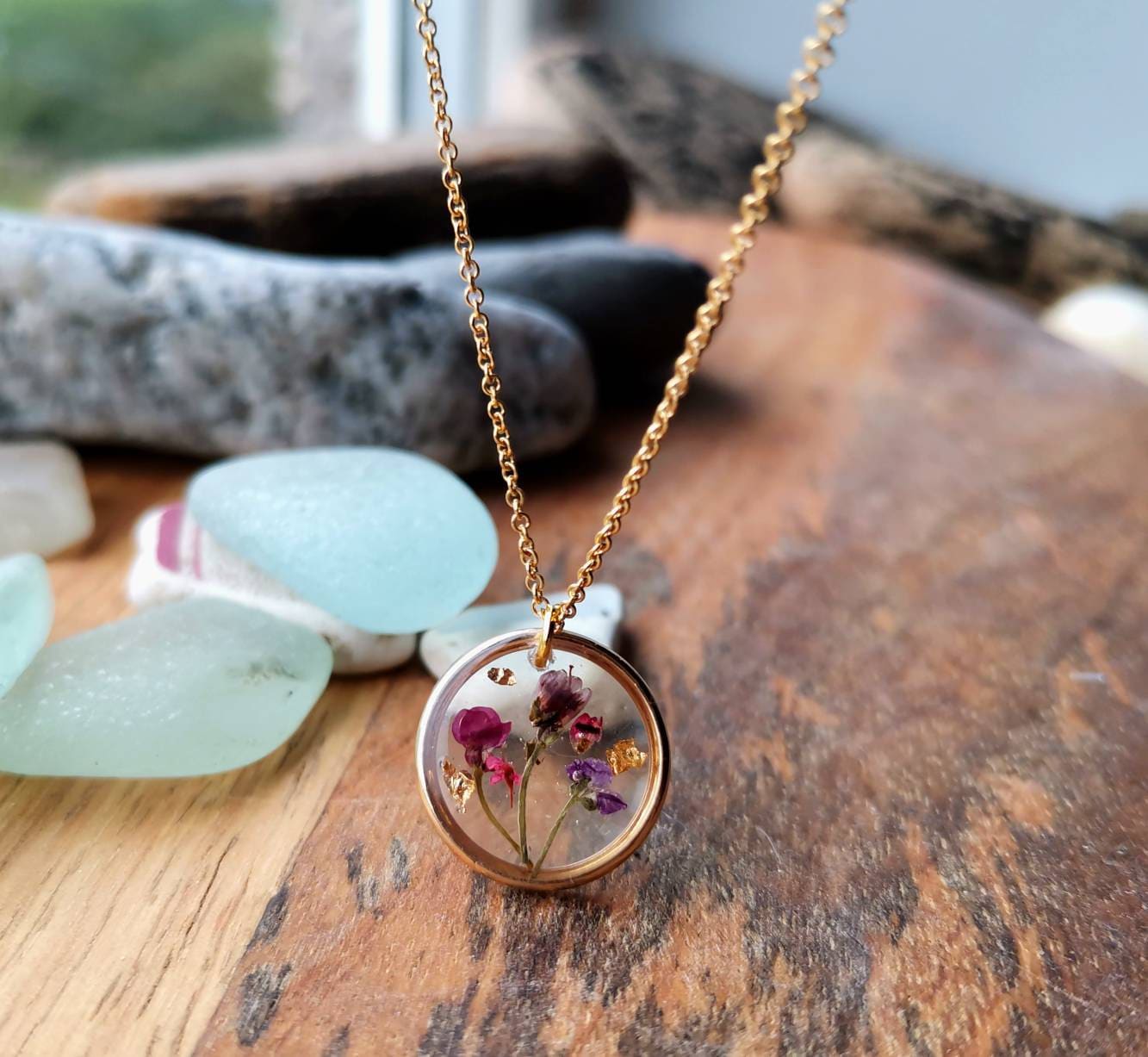 Alyssum, Heather and gold leaf flower minimalist circle 16mm gold plated pendant necklace on 14k gold fill chain, handmade