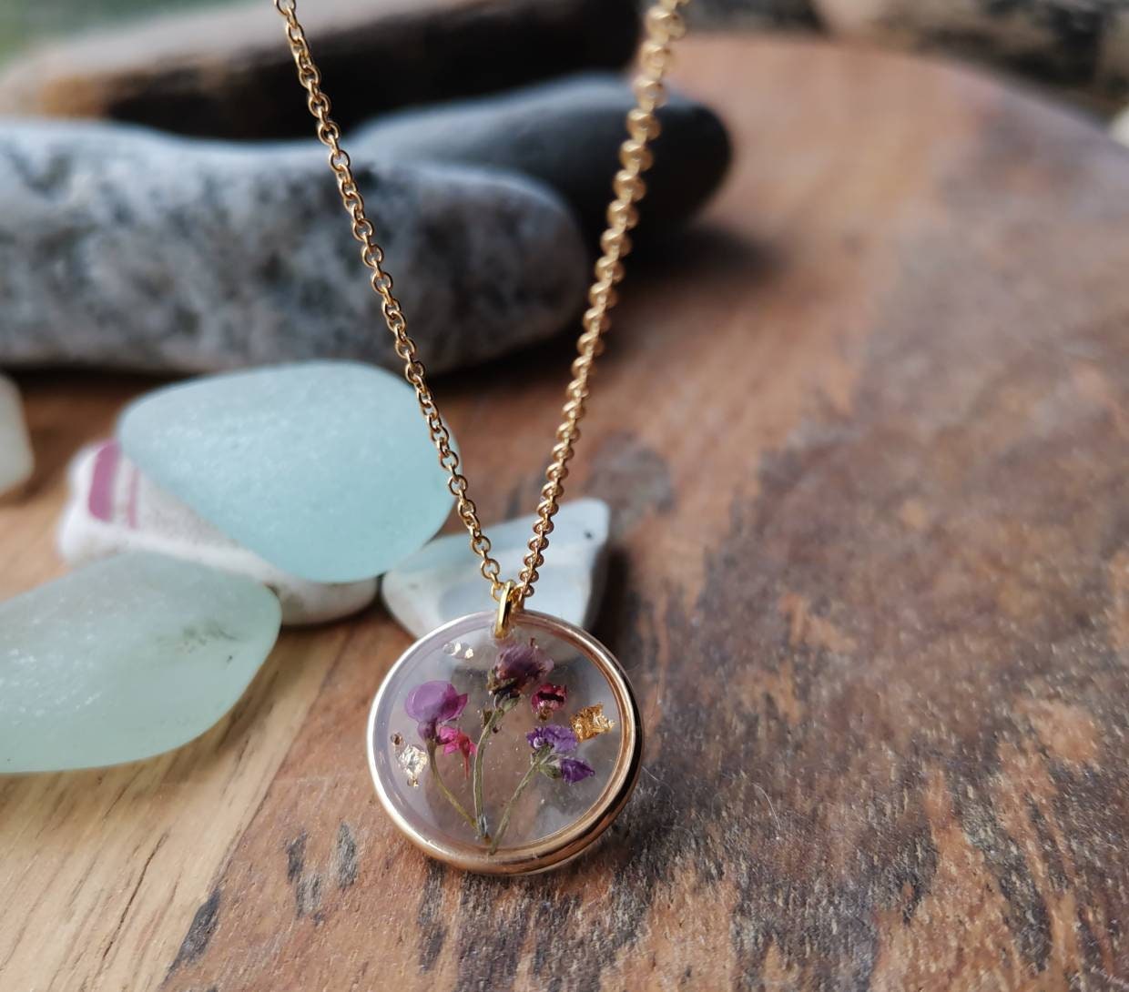 Alyssum, Heather and gold leaf flower minimalist circle 16mm gold plated pendant necklace on 14k gold fill chain, handmade