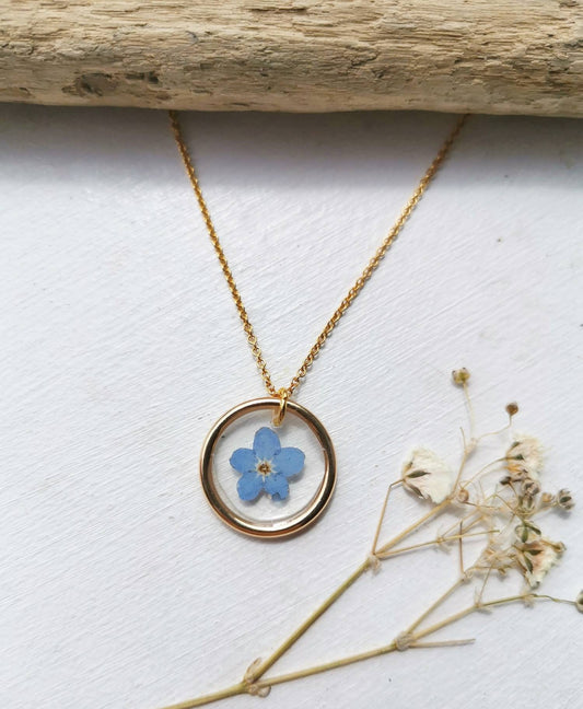 Dainty Real forget me not  flower minimalist circle 16mm gold plated pendant necklace on 14k gold fill chain, handmade in Yorkshire.