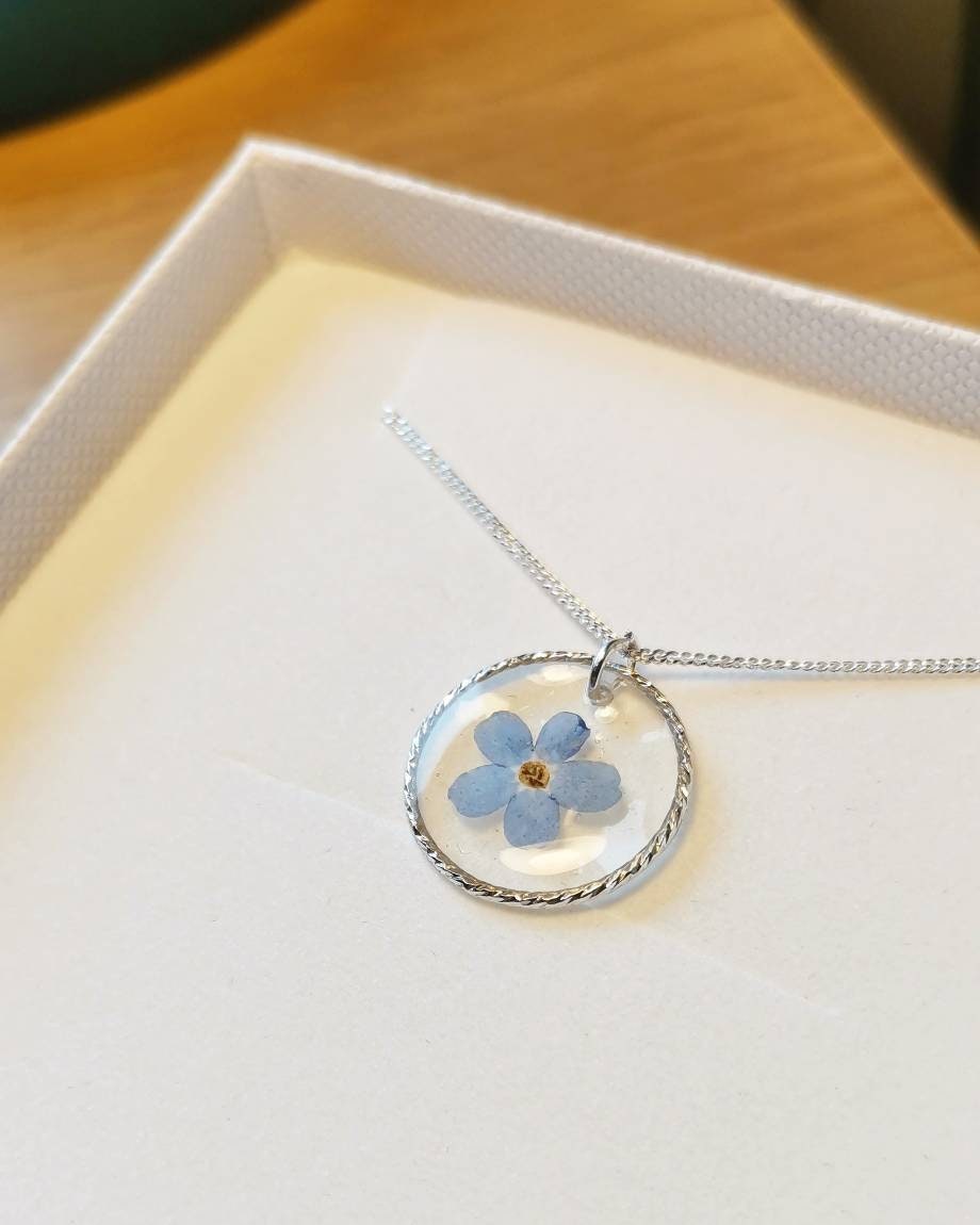 Christmas gift - Dainty Real forget me not  flower minimalist circle 18mm solid 925 silver pendant necklace on solid 925 silver chain.