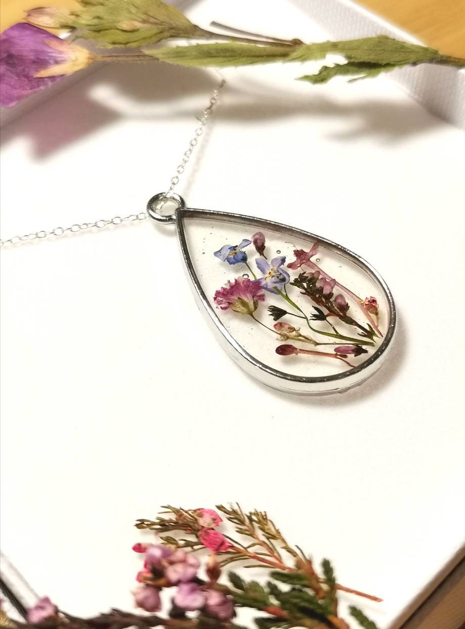 Personalised Yorkshire forget me nots, lilac Heather terrarium necklace on silver chain. Make a wish, memories necklace, valentines day