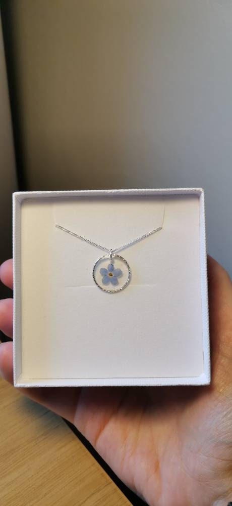 Christmas gift - Dainty Real forget me not  flower minimalist circle 18mm solid 925 silver pendant necklace on solid 925 silver chain.