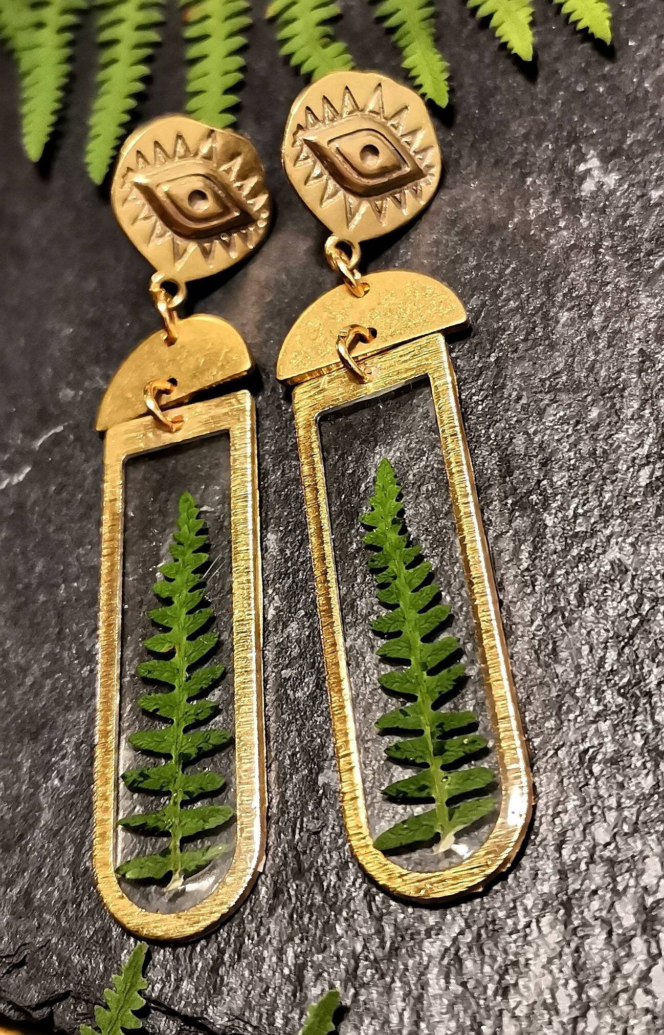 Real pressed fern leaf resin and evil eye earrings, eco friendly gift idea, plant lover, real pressed flowers, boho chic jewellery
