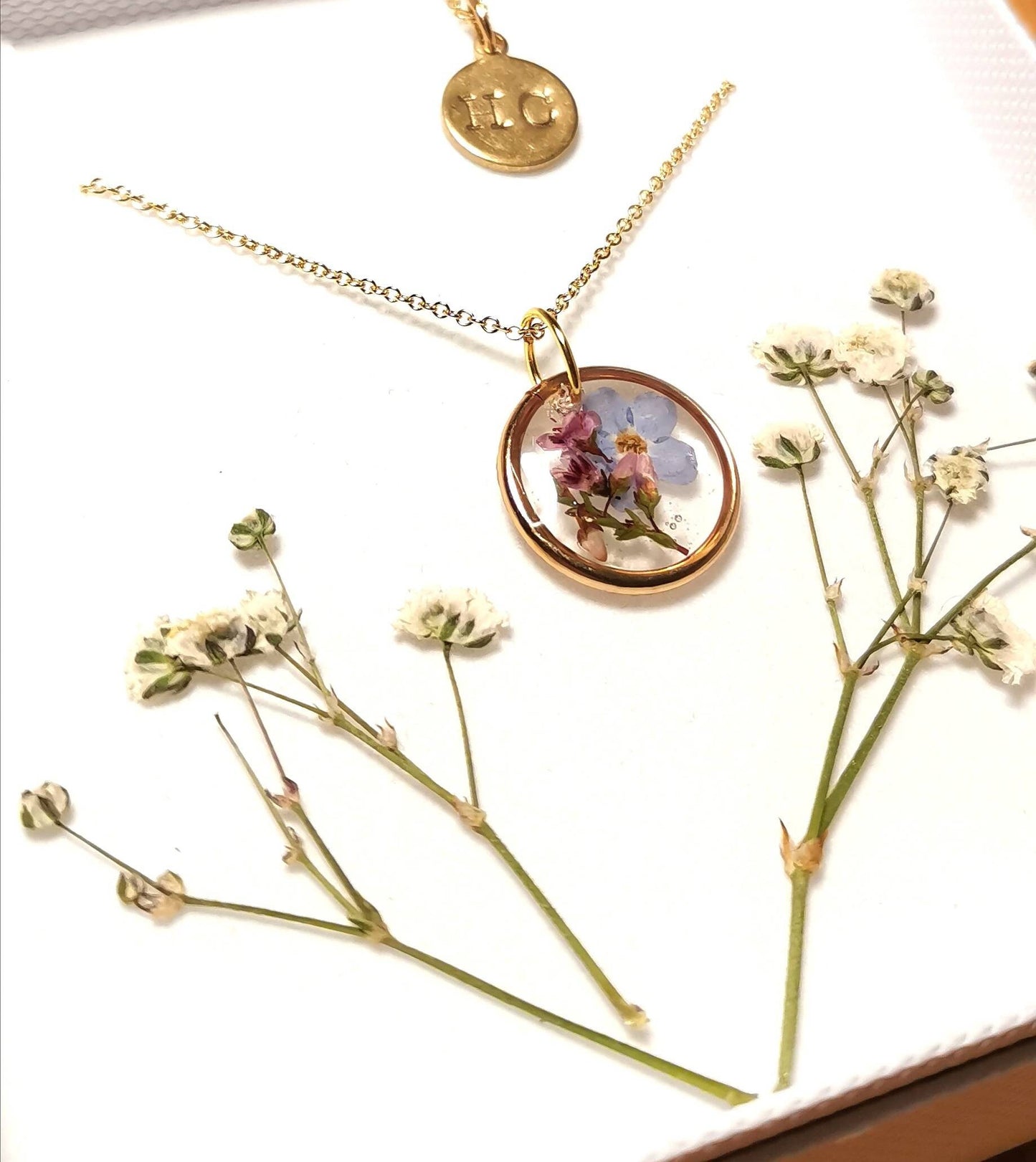 Personalised Forget me not, Heather real pressed flower dainty minimalist circle 16mm gold plated pendant necklace on 14k gold fill chain.