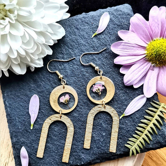 Real brass and real pressed pink gypsophila resin earrings, eco friendly gift idea, plant lover, real pressed flowers, boho, gypsy style