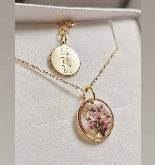 Pressed Mother’s Day real heather flower dainty circle 16mm gold plated pendant necklace on 14k gold fill chain, gift for mum, personalised