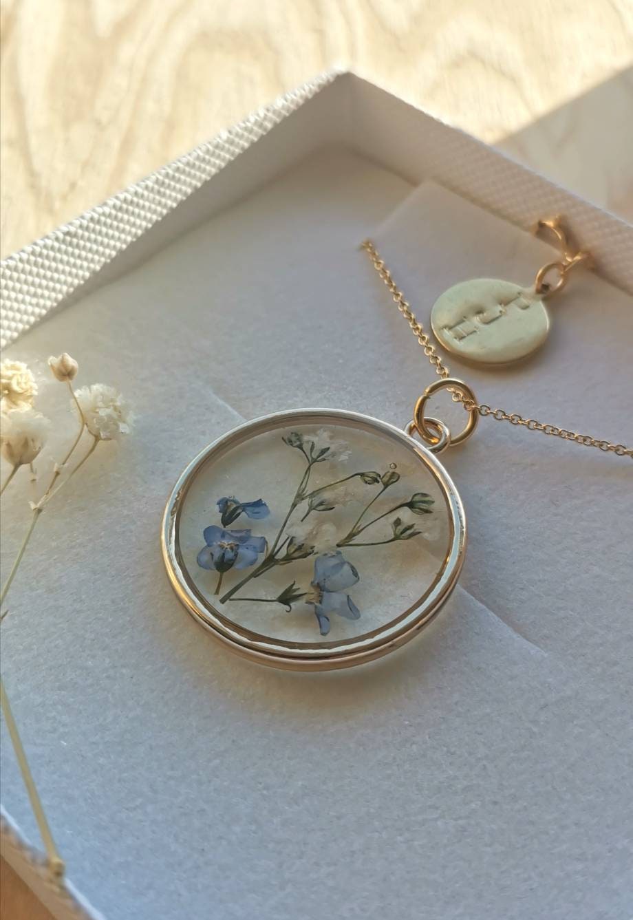 Personalized Forget me not flower and baby's breath pendant necklace on gold plated, 14k gold filled chain. For memories, valentines day