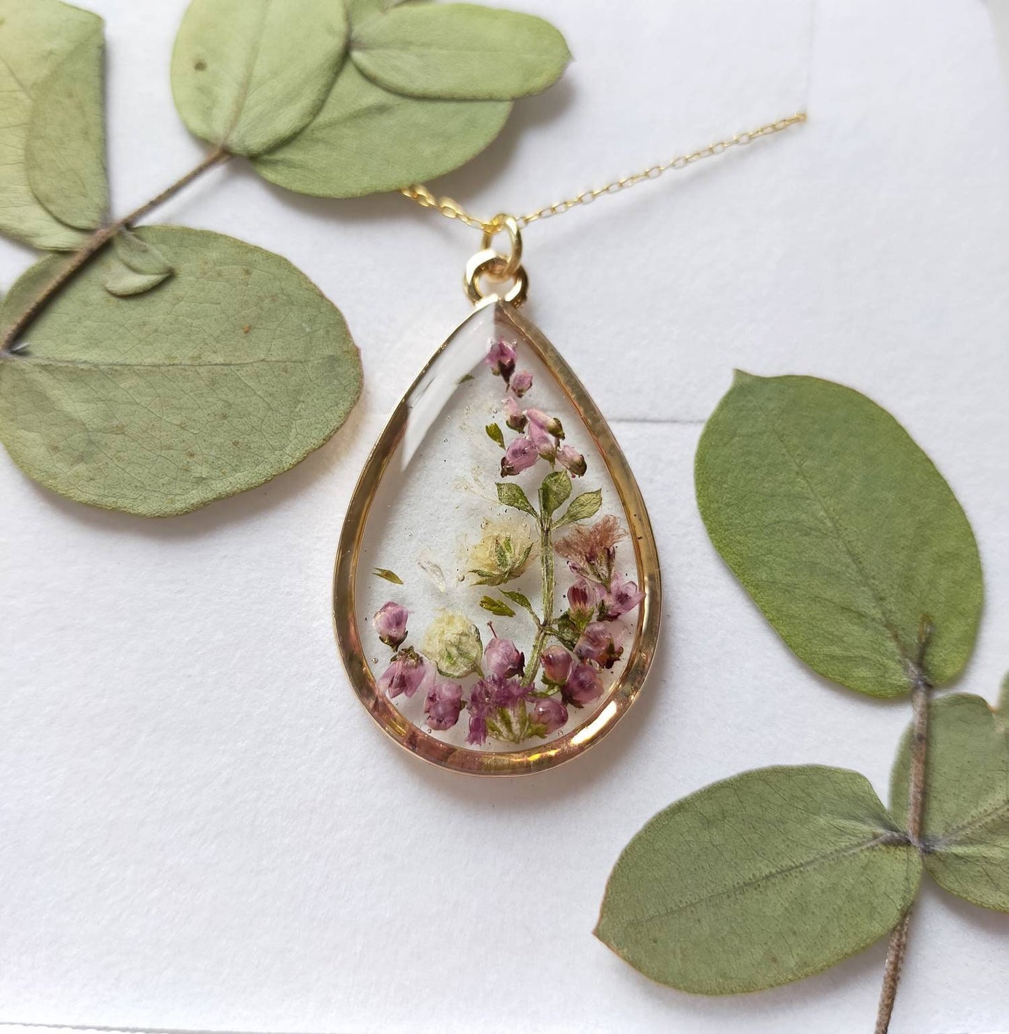 Personalised Yorkshire moors Heather & Gypsophila necklace on gold plated or 14k gold filled chain. Resin jewellery Christmas gift