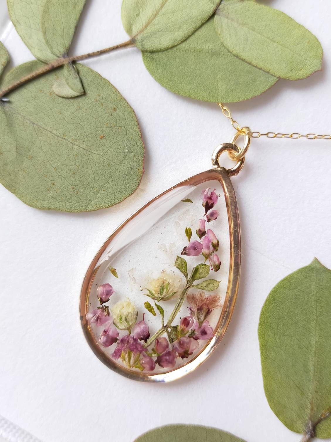 Personalised Yorkshire moors Heather & Gypsophila necklace on gold plated or 14k gold filled chain. Resin jewellery Christmas gift