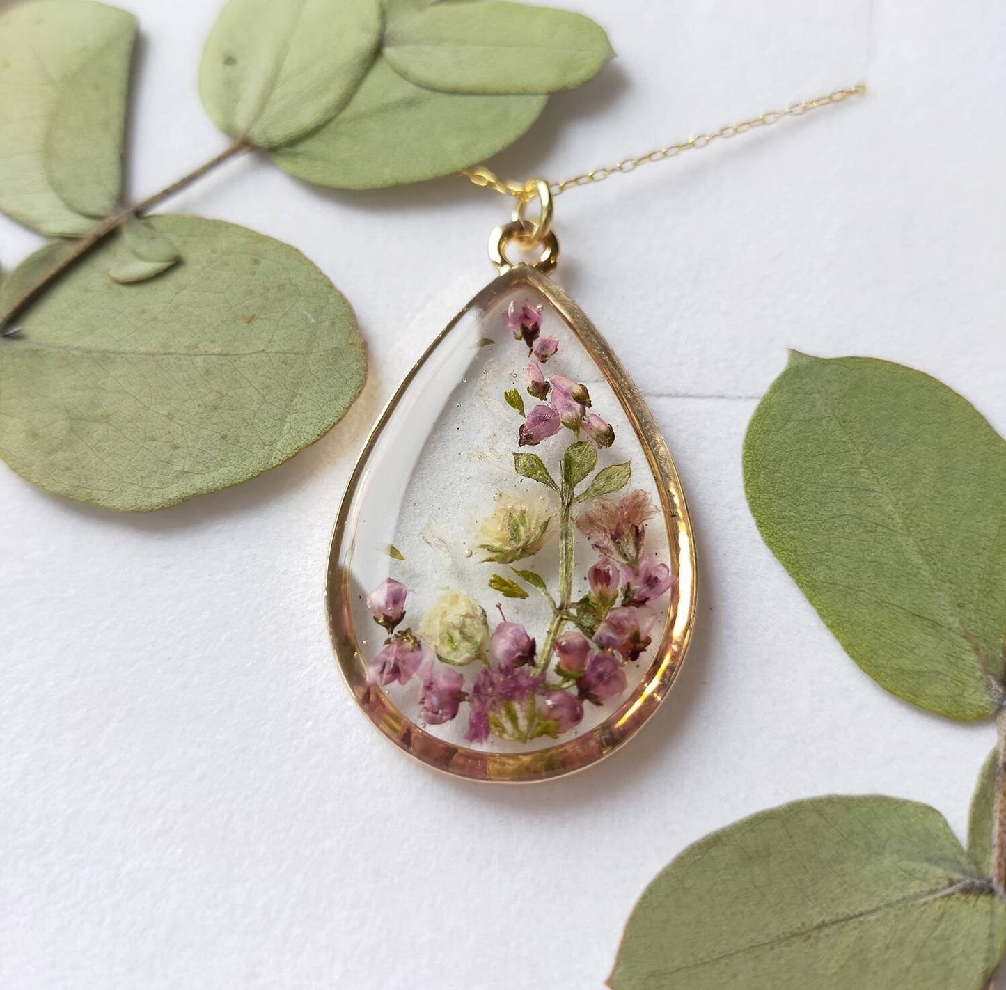 Personalised Yorkshire moors Heather & Gypsophila necklace on gold plated or 14k gold filled chain. Resin jewellery Christmas gift