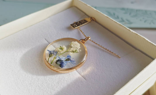 Personalised Christmas gift - Real flower necklace - Forget me nots and gypsophila on gold plated or 14k gold filled.