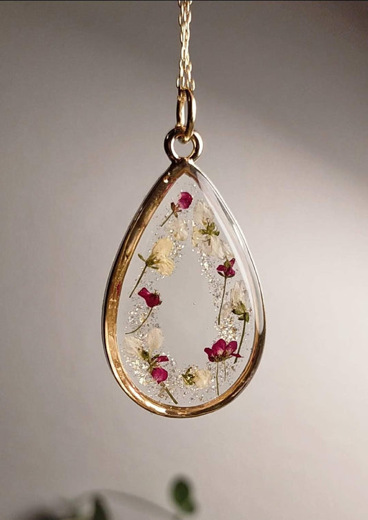 Valentines forever flowers  Real pressed Alyssum and gold plated pendant necklace on 14k gold fill chain, handmade, personalised