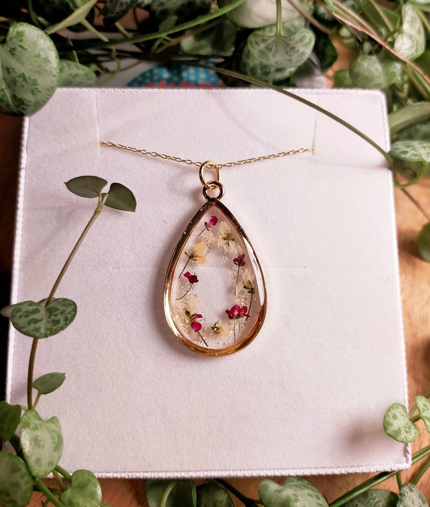 Valentines forever flowers  Real pressed Alyssum and gold plated pendant necklace on 14k gold fill chain, handmade, personalised
