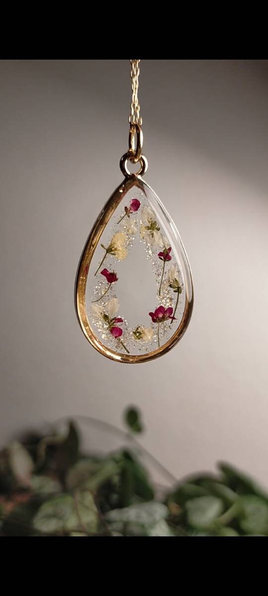 Valentines forever flowers  Real pressed Alyssum and gold plated pendant necklace on 14k gold fill chain, handmade, personalised