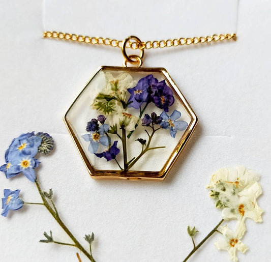 Real forget me not flower necklace, pressed flower Jewellery, hexagon gold plated pendant on 14k gold fill chain, handmade in Yorkshire.