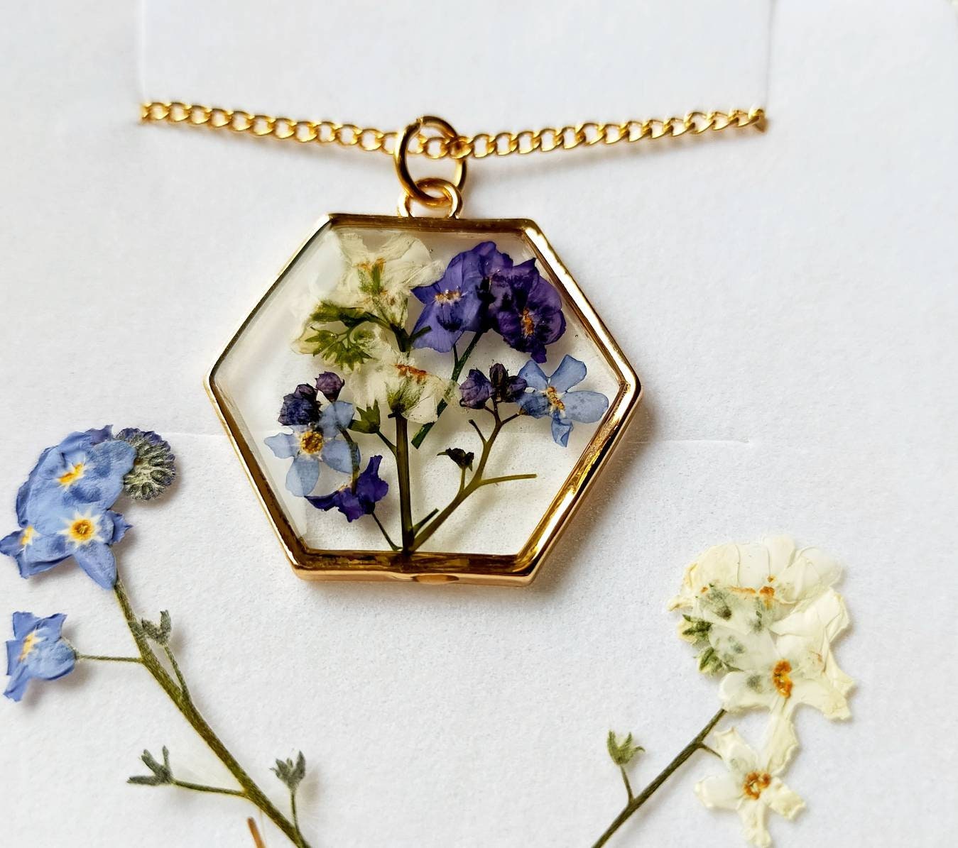 Real forget me not flower necklace, pressed flower Jewellery, hexagon gold plated pendant on 14k gold fill chain, handmade in Yorkshire.