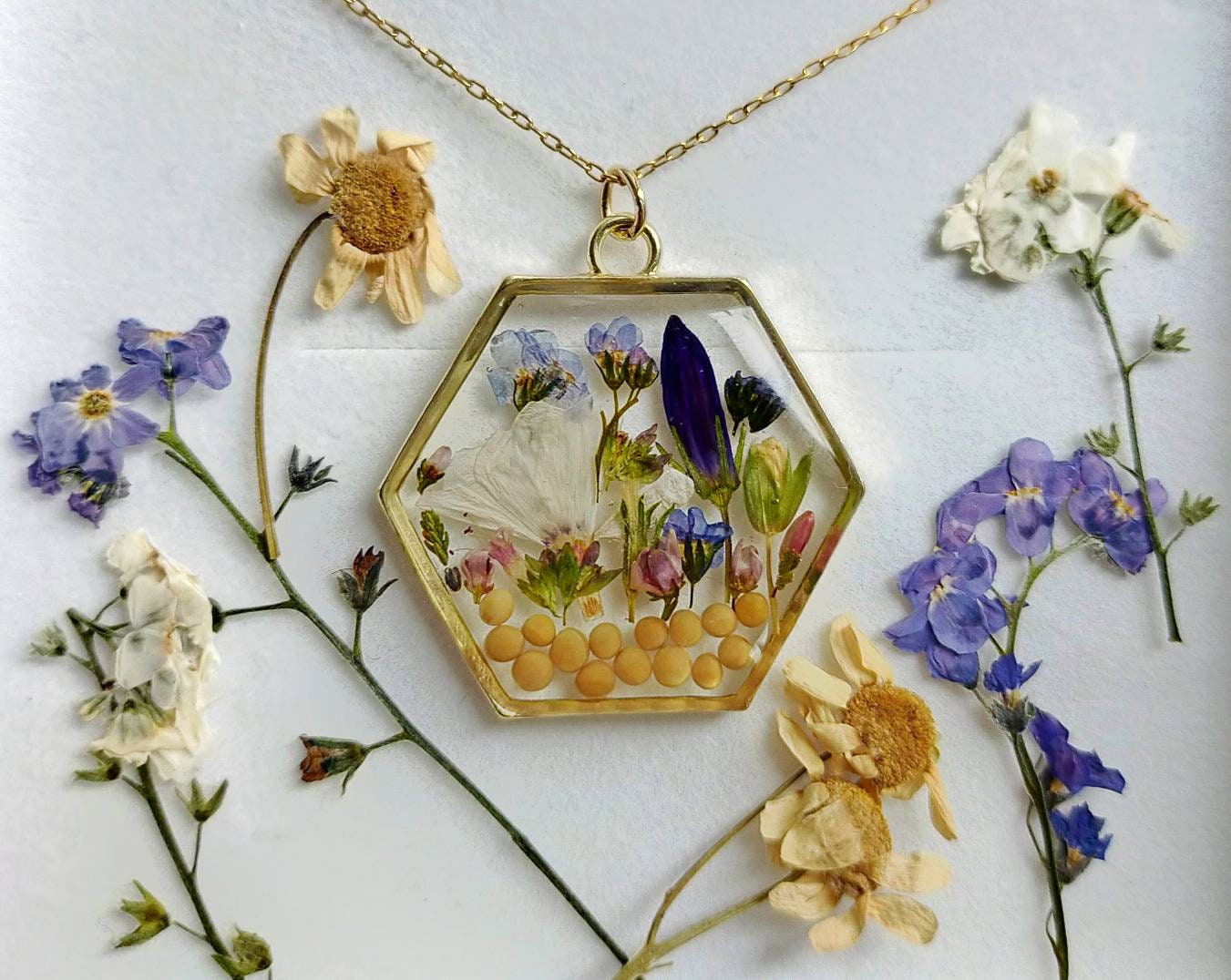 Mustard seed Garden, wildflower bouquet, faith necklace on 14k gold filled or Gold plated chain. Humble, fertility, love, Personalised.