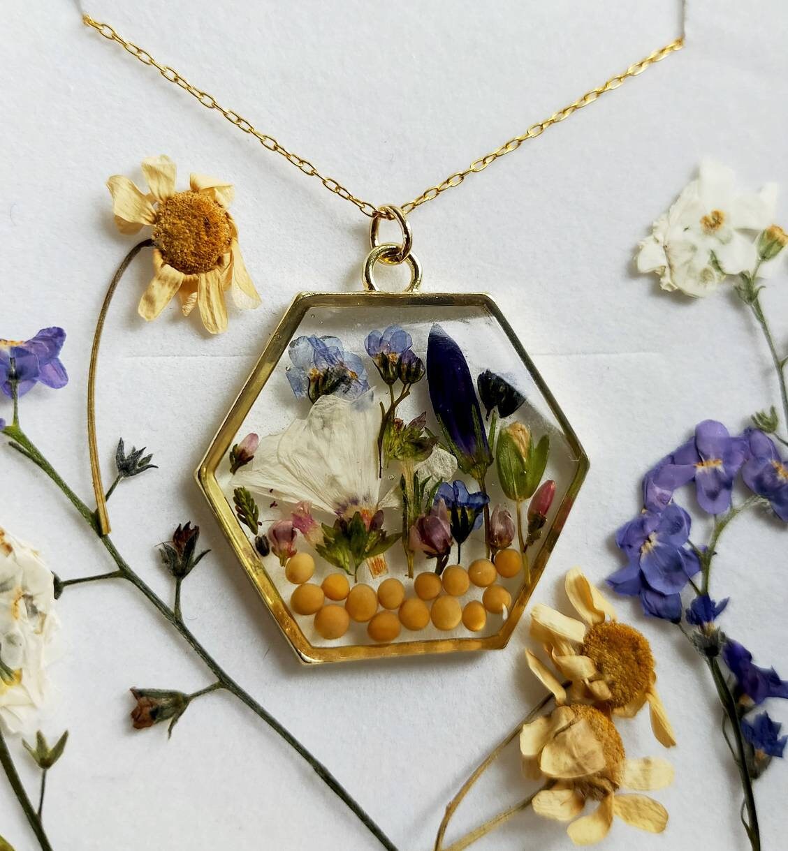 Mustard seed Garden, wildflower bouquet, faith necklace on 14k gold filled or Gold plated chain. Humble, fertility, love, Personalised.