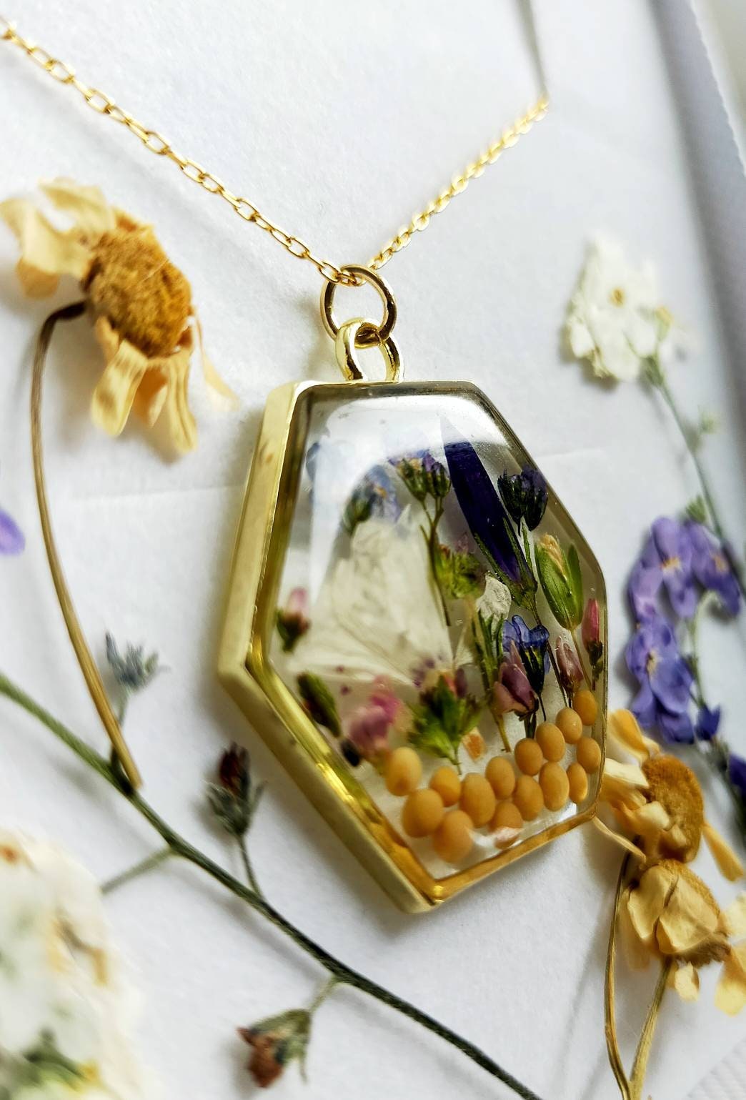 Mustard seed Garden, wildflower bouquet, faith necklace on 14k gold filled or Gold plated chain. Humble, fertility, love, Personalised.