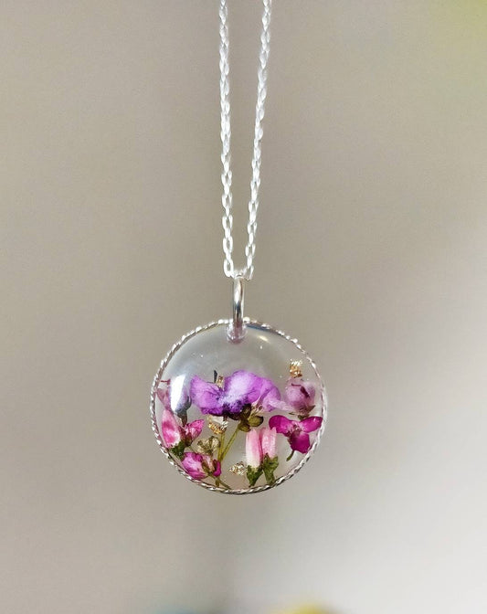 Real flowers preserved necklace, heather and pink Alyssum, 22mm solid 925 silver circle on solid 925 silver chain. handmade in Yorkshire.