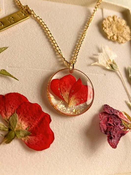 Valentine’s Day forever rose necklace, real pressed petals. In gold filled circle on gold filled or g plated chain, handmade in Yorkshire