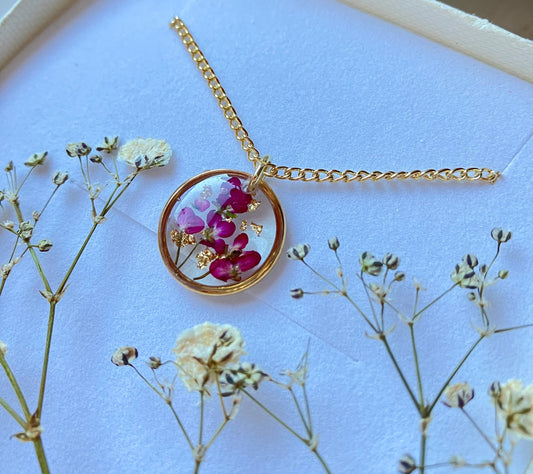 Purple alyssum flower and gold leaf flower minimalist circle 16mm gold plated pendant necklace on 14k gold fill chain, handmade