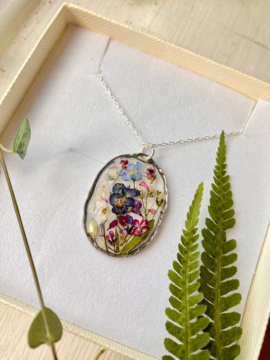 Personalised Real pressed flower necklace. Miniature forest garden jewellery , dried flowers preserved In silver with a silver chain.