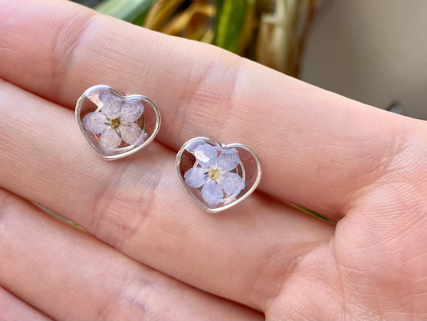 Forget me not solid silver love heart stud earrings. 13mm small studs real pressed flower studs.