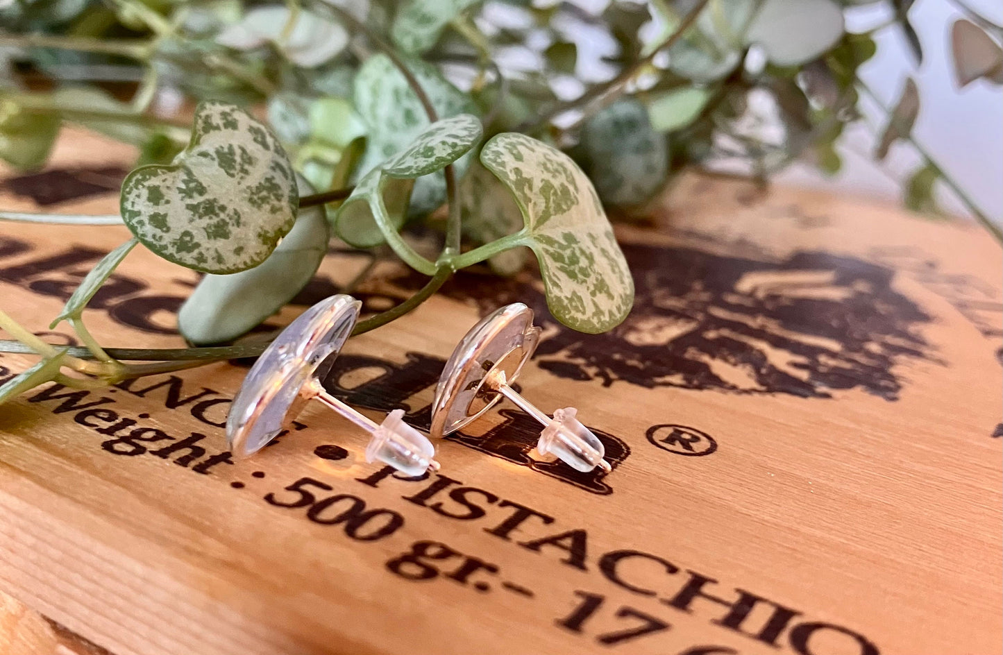 Forget me not solid silver love heart stud earrings. 13mm small studs real pressed flower studs.