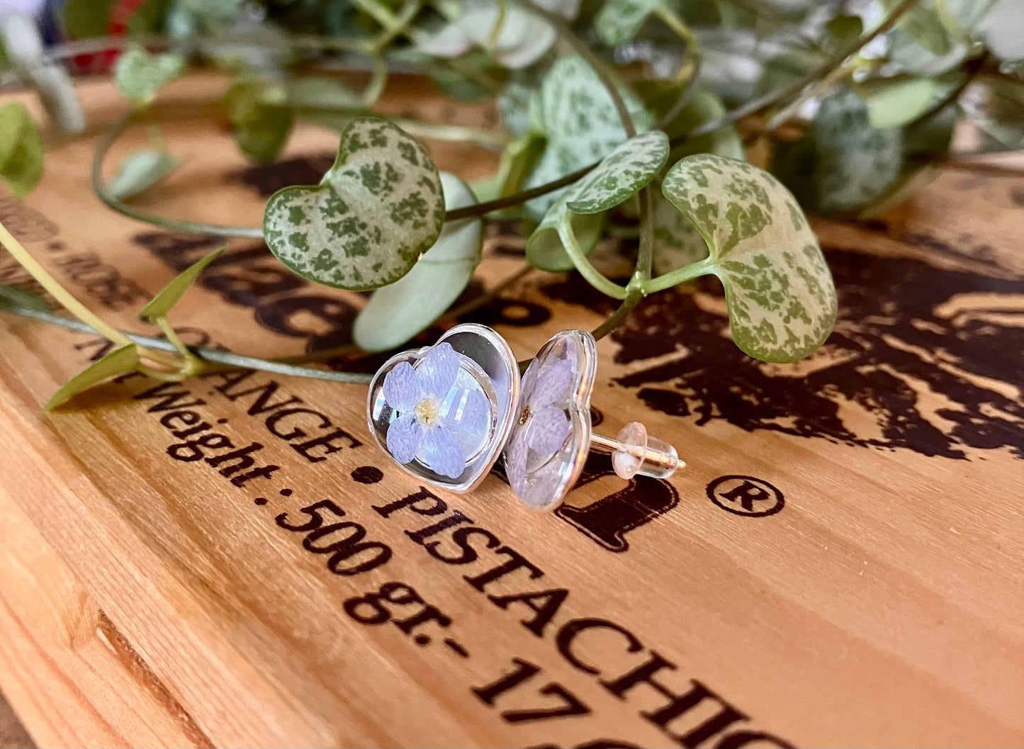 Forget me not solid silver love heart stud earrings. 13mm small studs real pressed flower studs.